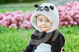 Cute baby boy wearing a Panda bear suit sitting in grass and flowers at park.