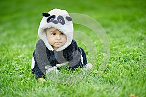 Cute baby boy wearing a Panda bear suit sitting in grass at park.