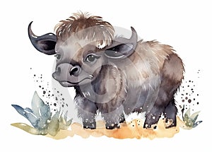 Cute baby buffalo animal watercolor childrens print