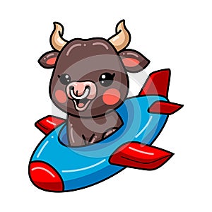 Cute baby bull cartoon flying on plane