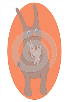 Cute baby bunny and adult cuddling, hugging, happy, for easter or baby shower card