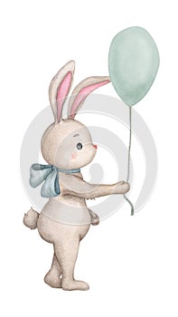 Cute baby bunny with an air balloon. Children\'s illustration. Hand drawn watercolor. Baby shower, birthday