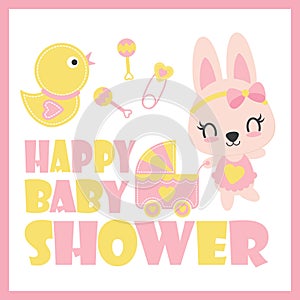 Cute baby bunny and baby cart cartoon illustration for baby shower card design