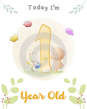 Cute baby bunny and bear playing music, Baby Milestone Cards Cute Animals