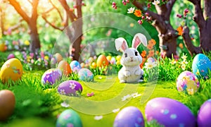 Cute Baby Bunny with Big Ears on Easter Background Generative AI