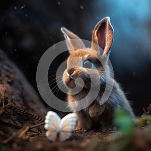 So cute baby bunny with a butterfly nearby. Ultra cute bunny with big adorable eyes.