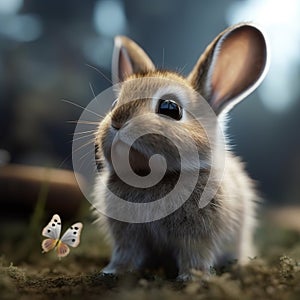 So cute baby bunny with a butterfly nearby. Ultra cute bunny with big adorable eyes.