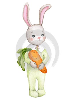 Cute baby bunny with carrot. Children\'s illustration. Hand drawn watercolor. Baby shower, birthday