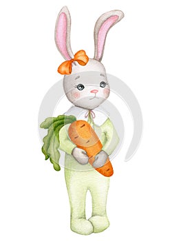 Cute baby bunny with carrot. Children\'s illustration. Hand drawn watercolor. Baby shower, birthday