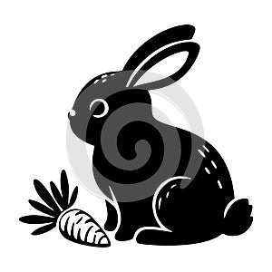 Cute baby bunny with carrot, silhouette, easter holiday. Vector illustration.