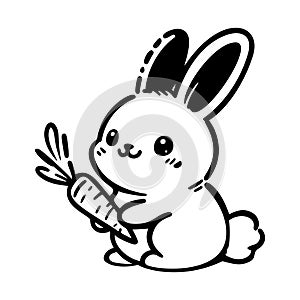 Cute baby bunny with carrot, silhouette, easter holiday. Vector illustration.