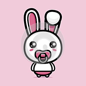 Cute baby bunny cartoon character sucking on the pacifier