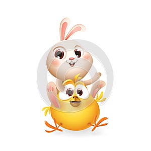 Cute baby bunny and chicken playing and having fun - isolated on white - vector illustration