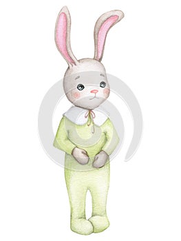 Cute baby bunny. Children\'s illustration. Hand drawn watercolor. Baby shower, birthday, children\'s party.
