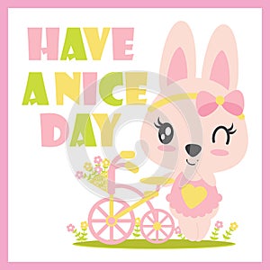 Cute baby bunny and flower bicycle cartoon illustration for kid t shirt design