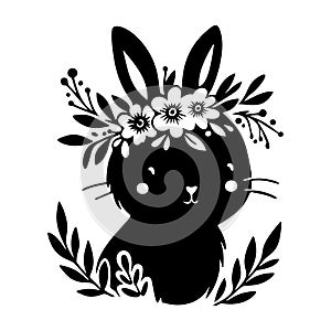 Cute baby bunny with flower wreath, silhouette, easter holiday. Vector illustration.