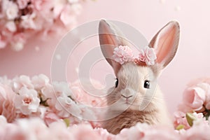 Cute baby bunny with flowers background. Greeting card concept