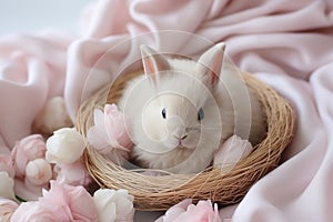 Cute baby bunny with flowers background. Greeting card concept