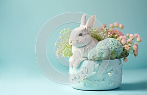 Cute baby bunny with flowers on blue background. Cute fluffy rabbit. Animal Easter symbol concept. Generative AI