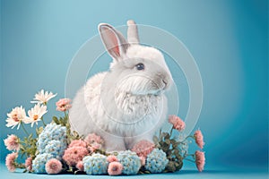 Cute baby bunny with flowers on blue background. Cute fluffy rabbit. Animal Easter symbol concept. Generative AI