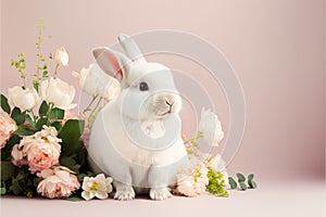 Cute baby bunny with flowers on pink background. Cute fluffy rabbit. Animal Easter symbol concept. Generative AI