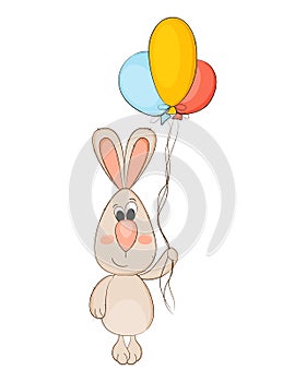 Cute baby bunny fying with colorful balloons. Vector illustration.