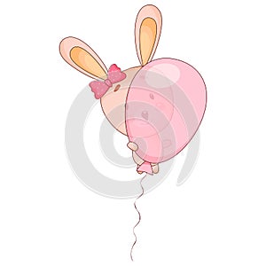 Cute baby bunny fying with pink balloon.