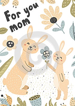 Cute baby bunny gives his mom a flower card