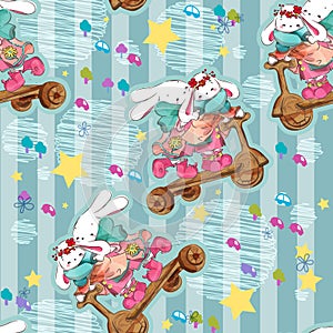 Cute baby bunny hand drawn in sweet watercolor style with seamless pattern