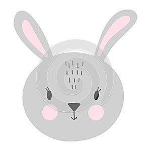 Cute baby bunny hare animal face in Scandinavian simple childish style. Sweet kid rabbit character portrait vector illustration