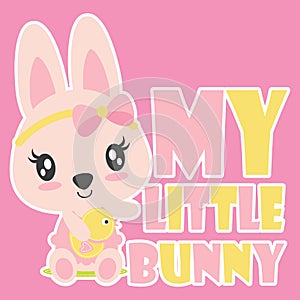 Cute baby bunny with her duck toy cartoon illustration for kid t shirt design
