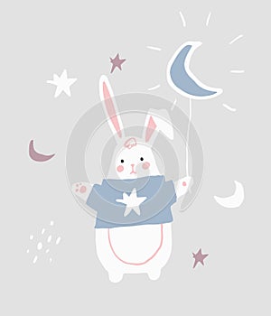 Cute baby bunny with moon in Scandinavian style for nursery, Easter, cards. Naive simple vector hand drawing.