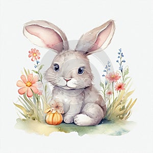 Cute baby bunny, pastel colors, flowers, watercolor illustration