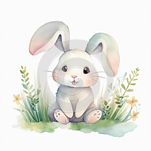 Cute baby bunny, pastel colors, flowers, watercolor illustration