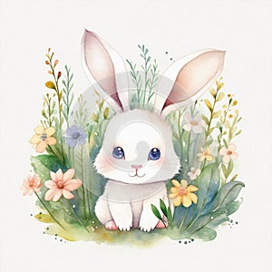 Cute baby bunny, pastel colors, flowers, watercolor illustration