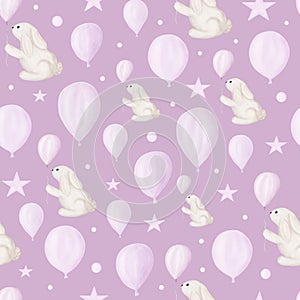 Cute baby bunny with pink balloon