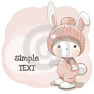 Cute baby Bunny in pink hat. Vector illustration template