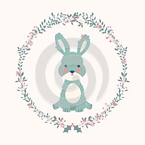 Cute baby bunny rabbit in Christmas flower and branch wreath