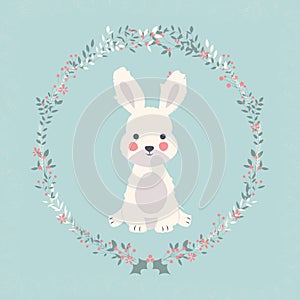 Cute baby bunny rabbit in Christmas flower and branch wreath