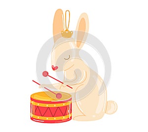 Cute baby bunny rabbit with a drum cartoon vector illustration isolated on white design for music, nursery poster, kids