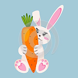 Cute baby bunny, rabbit holding carrot vector illustration.