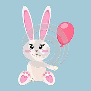 Cute baby bunny, rabbit with pink balloon vector illustration.