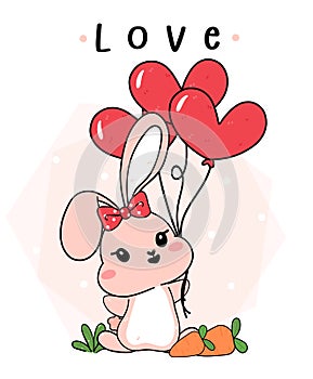 Cute baby bunny rabbit pink with heart shape balloons , cartoon drawing outline, love