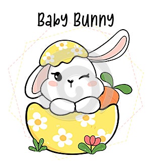 Cute baby bunny rabbit white in easter egg shell, cartoon drawing outline, Happy easter