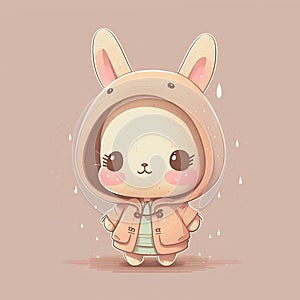 Cute baby bunny in a raincoat. Kawaii style. Mascot rabbit illuatration. Hand drawn style. Ai generation