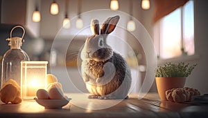 Cute baby bunny relaxon the table in cozy kitchen