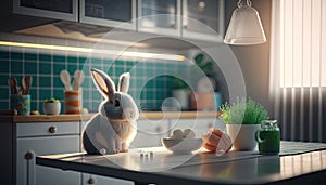 Cute baby bunny relaxon the table in cozy kitchen