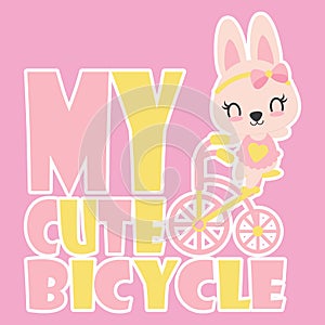 Cute baby bunny rides a bicycle cartoon illustration for kid t shirt design