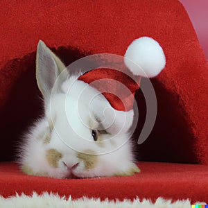 Cute baby bunny in Santa Hut.