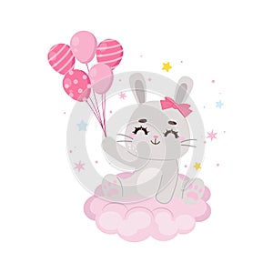 Cute baby bunny sit on a cloud and holding balloons.